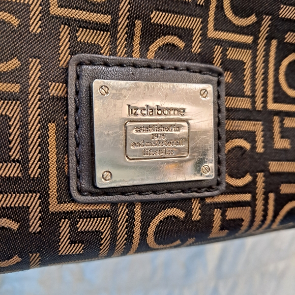 Liz Claiborne Vintage Cotton Canvas Fabric Tan Brown Monogram Shoulder Satchel - Picture 2 of 15